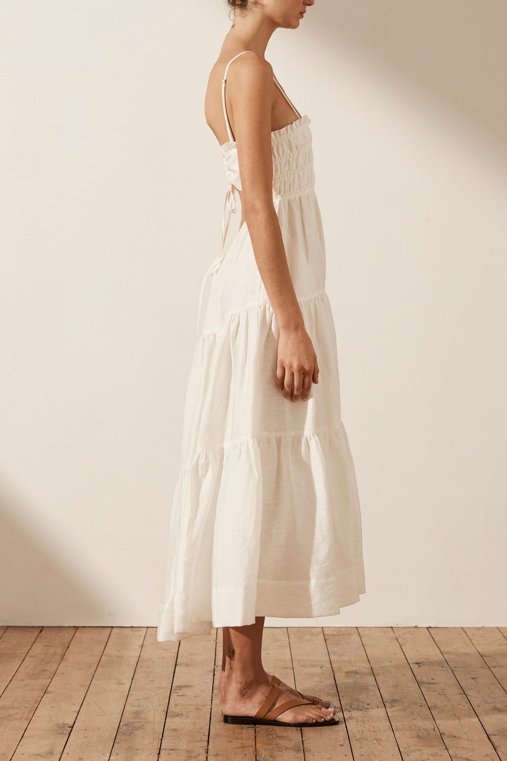 Bruna Linen Open Back Shirred Midi ...